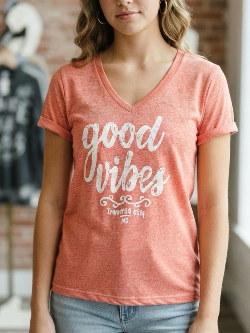 Good Vibes Coral V-Neck Graphic Tee - Womens